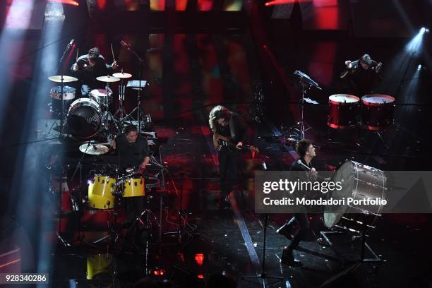 Italian band The Kolors and musicians Tullio De Piscopo and Enrico Nigiotti performs on the Ariston stage during the 68th Festival di Sanremo....