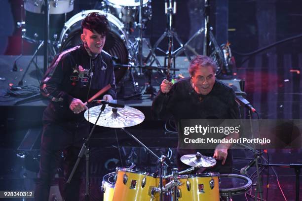 Italian band The Kolors and musicians Tullio De Piscopo and Enrico Nigiotti performs on the Ariston stage during the 68th Festival di Sanremo....