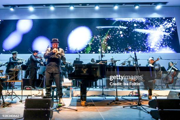 German trumpeter Sebastian Studnitzky performs during the 7th edition of the Berlin concert series 'Neue Meister' at DRIVE. Volkswagen Group Forum on...