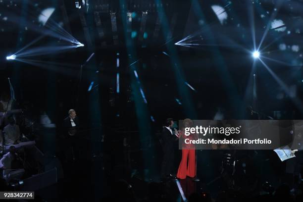 Italian singer Ornella Vanoni with Alessandro Preziosi, Pacifico and Bungaro performs on the Ariston stage during the 68th Festival di Sanremo....