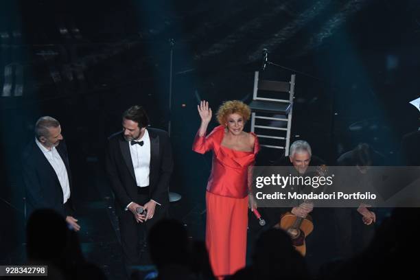 Italian singer Ornella Vanoni with Alessandro Preziosi, Pacifico and Bungaro performs on the Ariston stage during the 68th Festival di Sanremo....