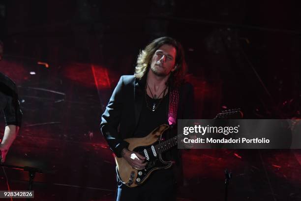 Italian band The Kolors and musicians Tullio De Piscopo and Enrico Nigiotti performs on the Ariston stage during the 68th Festival di Sanremo....