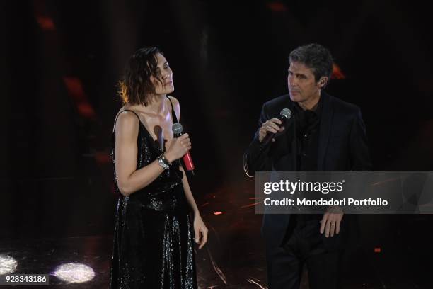 Italian singer Luca Barbarossa and Anna Foglietta performs on the Ariston stage during the 68th Festival di Sanremo. Sanremo, February 9th 2018