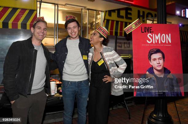 Director Greg Berlanti, actress Alexandra Shipp and actor Nick Robinson attend "Love, Simon" Atlanta Fan Screening and Q&A at the Waffle House Food...