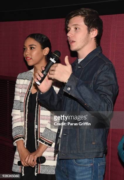 Actress Alexandra Shipp and actor Nick Robinson speak onstage at "Love, Simon" Atlanta Fan Screening and Q&A at Regal Atlantic Station on March 6,...