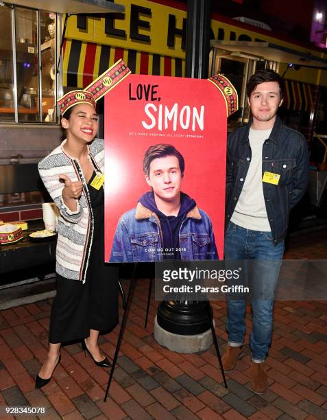 Actress Alexandra Shipp and actor Nick Robinson attend "Love, Simon" Atlanta Fan Screening and Q&A at the Waffle House Food Truck at Regal Atlantic...