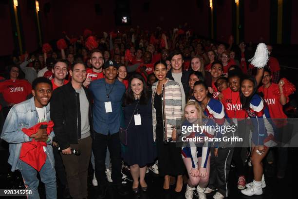 Greg Berlanti, Terayle Hill, Becky Albertalli, Alexandra Shipp, and Nick Robinson pose with movie audience members at "Love, Simon" Atlanta Fan...