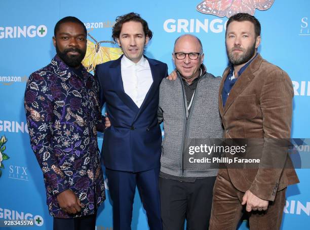 Actor David Oyelowo, director Nash Edgerton, Amazon Studios Bob Berney, and actor Joel Edgerton attend the world premiere of 'Gringo' from Amazon...