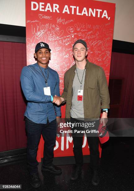 Actors Terayle Hill and Drew Starkey attend "Love, Simon" Atlanta Fan Screening and Q&A at Regal Atlantic Station on March 6, 2018 in Atlanta,...
