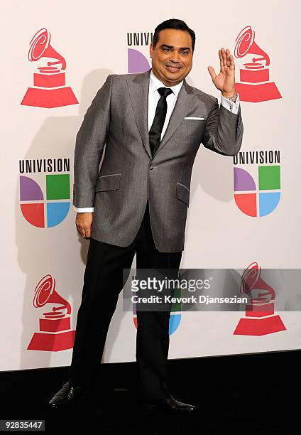 Gilberto Santa Rosa, Gramy winner for Traditional Tropical Album poses in the press room during the 10th annual Latin GRAMMY Awards held at Mandalay...