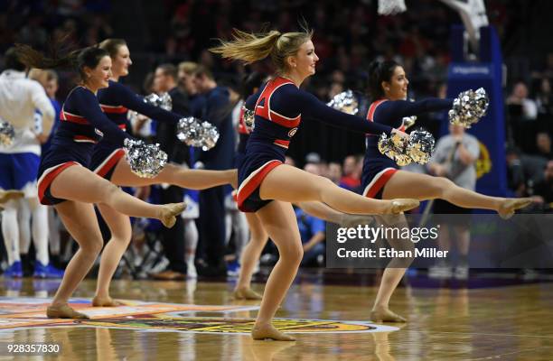 Gonzaga Bulldogs cheerleaders perform during the championship game of the West Coast Conference basketball tournament between the Bulldogs and the...