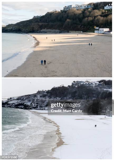 In this composite image a comparison has been made before and after snowfall in Cornwall in the timeline of one week. ST IVES, ENGLAND People walk on...