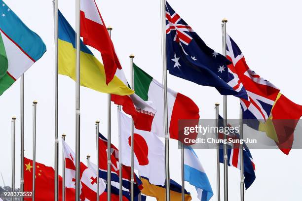 Flags wave at the PyeongChang Olympic Village ahead of the PyeongChang 2018 Paralympic Games on March 7, 2018 in Pyeongchang-gun, South Korea.