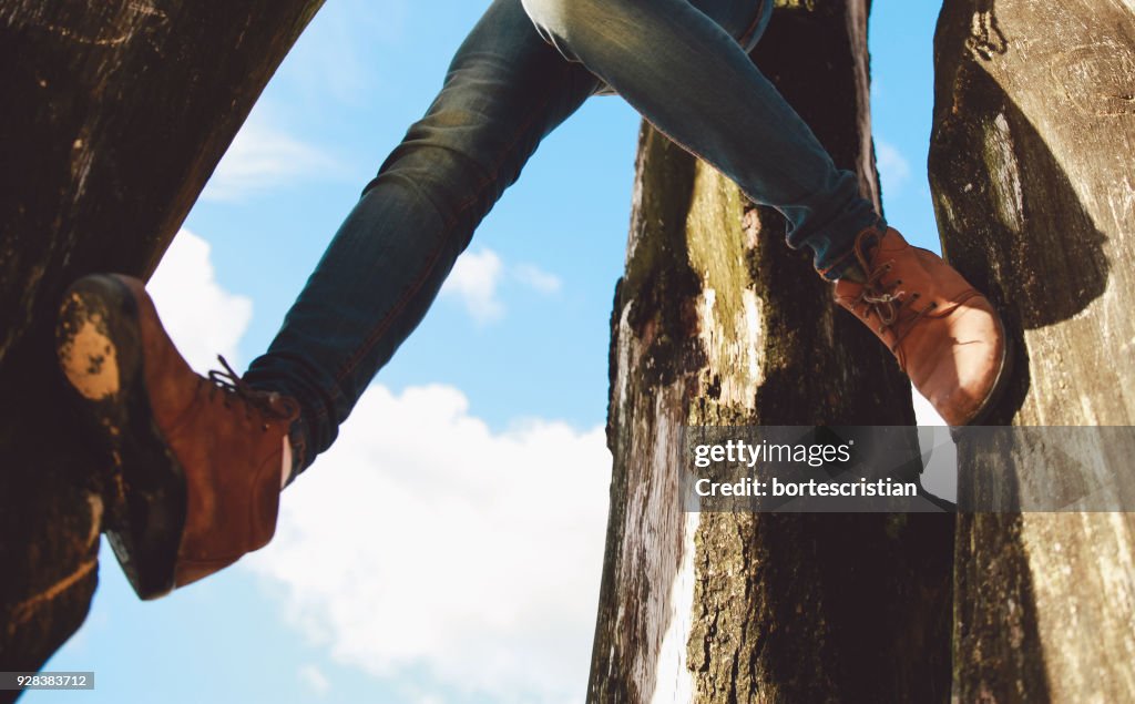 Low Section Of Woman Amidst Trees Against Sky