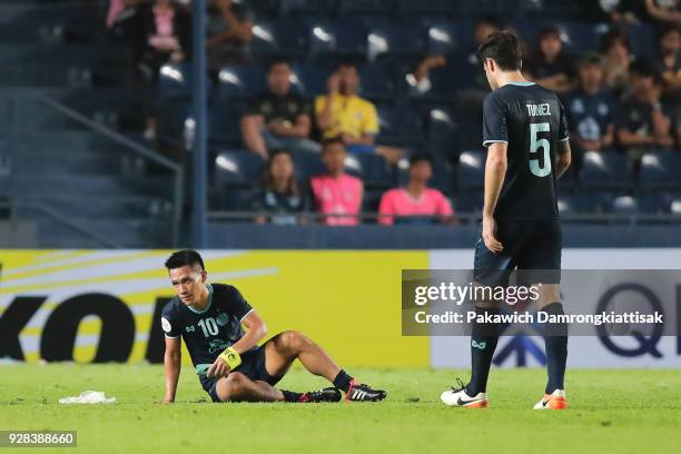 Jakkaphan Kaewprom of Buriram United FC shows his disappointment after received red card during the AFC Champions League Group G match between...