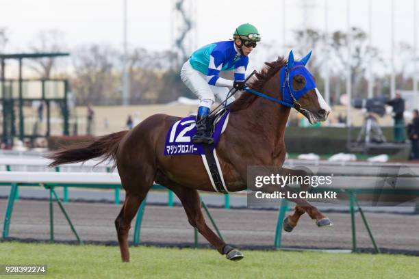 Jockey Suguru Hamanaka riding Majin Prosper during the Takamatsunomiya Kinen at Chukyo Racecourse on March 25, 2012 in Toyoake, Aichi Prefecture,...