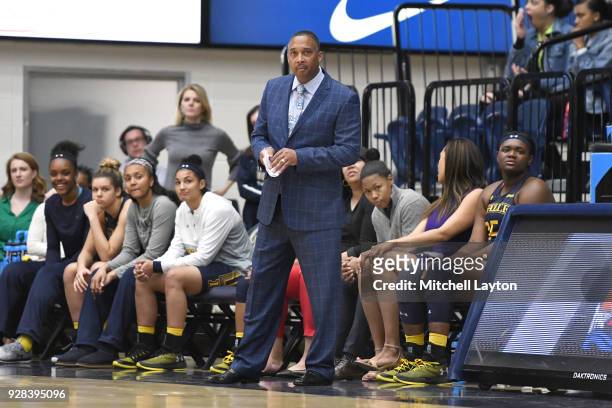 Head coach Jeff Williams of the La Salle Explorers looks on during a woman's college basketball game against the George Washington Colonials at the...