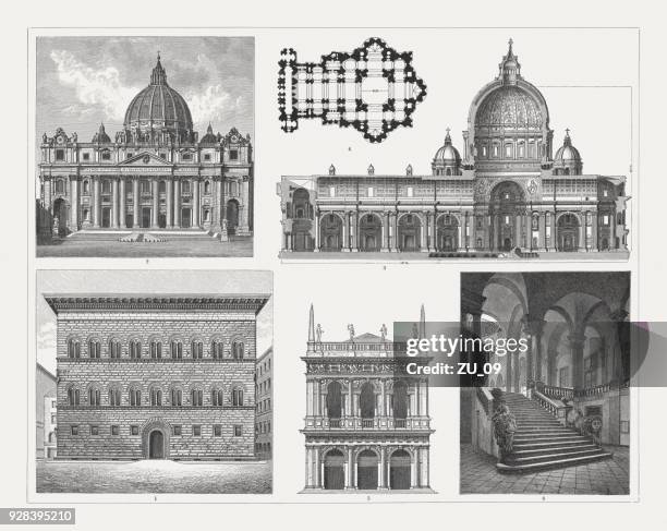 italian renaissance architecture (15th-17th century), wood engravings, published in 1897 - library interior stock illustrations