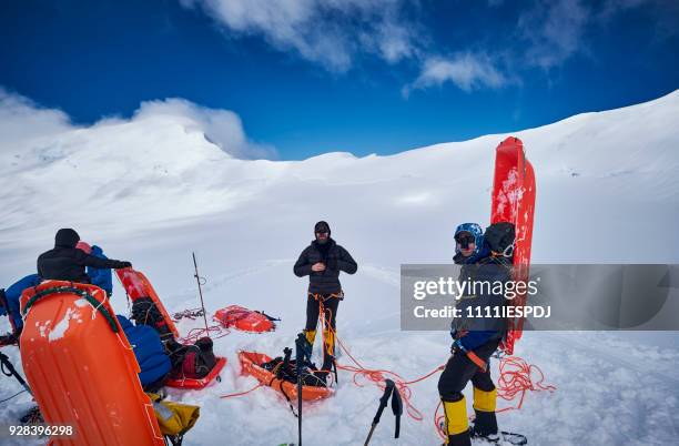 bergsteiger mit schlitten auf dem rücken am denali. - 1111iespdj stock-fotos und bilder