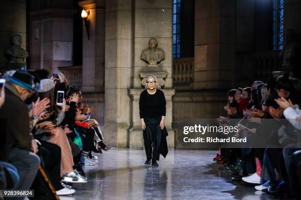 Designer Moon Young Hee acknowledges the audience after the Moon Young Hee show as part of the Paris Fashion Week Womenswear Fall/Winter 2018/2019 on...