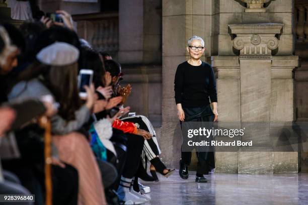 Designer Moon Young Hee acknowledges the audience after the Moon Young Hee show as part of the Paris Fashion Week Womenswear Fall/Winter 2018/2019 on...