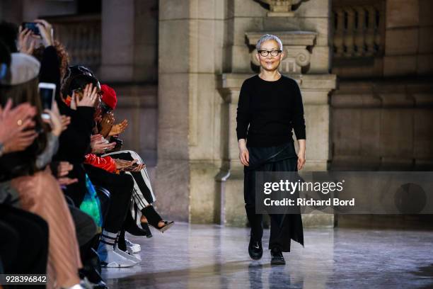 Designer Moon Young Hee acknowledges the audience after the Moon Young Hee show as part of the Paris Fashion Week Womenswear Fall/Winter 2018/2019 on...