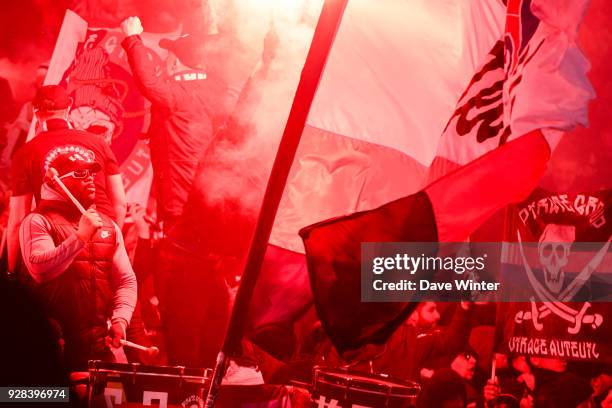 Fans of PSG during the UEFA Champions League Round of 16 Second Leg match between Paris Saint Germain and Real Madrid at Parc des Princes on March 6,...