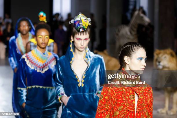 Models walk the runway during the Junko Shimada show as part of the Paris Fashion Week Womenswear Fall/Winter 2018/2019 on March 6, 2018 in Paris,...