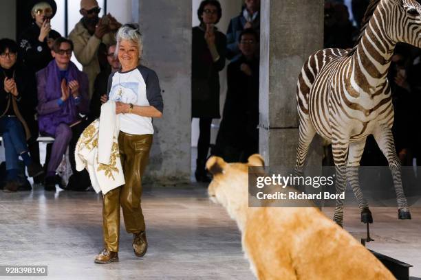 Designer Junko Shimada acknowledges the audience after the Junko Shimada show as part of the Paris Fashion Week Womenswear Fall/Winter 2018/2019 on...