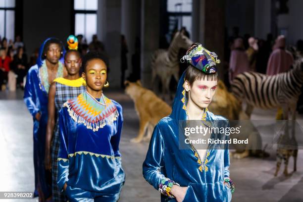 Models walk the runway during the Junko Shimada show as part of the Paris Fashion Week Womenswear Fall/Winter 2018/2019 on March 6, 2018 in Paris,...