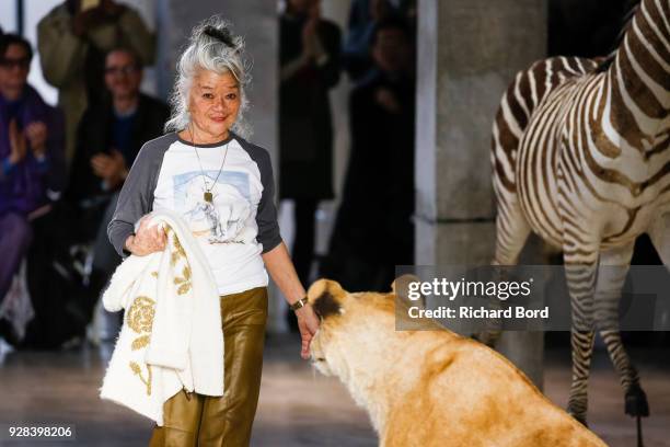 Designer Junko Shimada acknowledges the audience after the Junko Shimada show as part of the Paris Fashion Week Womenswear Fall/Winter 2018/2019 on...