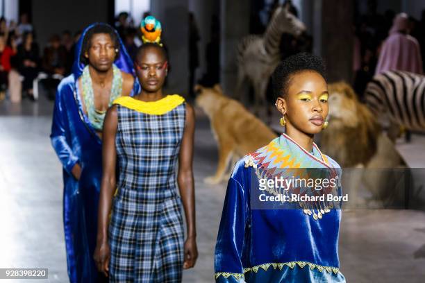 Models walk the runway during the Junko Shimada show as part of the Paris Fashion Week Womenswear Fall/Winter 2018/2019 on March 6, 2018 in Paris,...