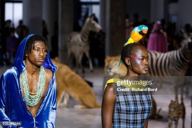 Models walk the runway during the Junko Shimada show as part of the Paris Fashion Week Womenswear Fall/Winter 2018/2019 on March 6, 2018 in Paris,...