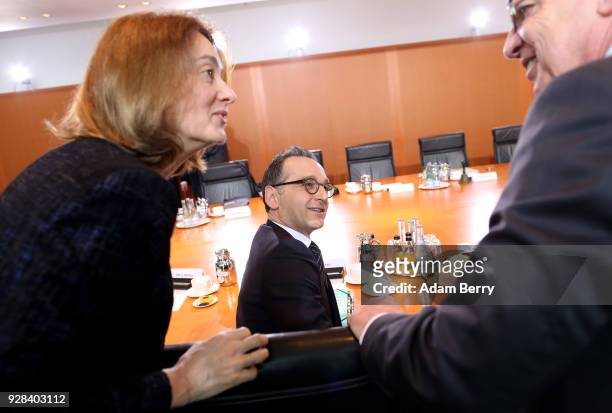 Family Minister Katarina Barley and Justice Minister Heiko Maas arrive for the weekly German federal Cabinet meeting on March 7, 2018 in Berlin,...