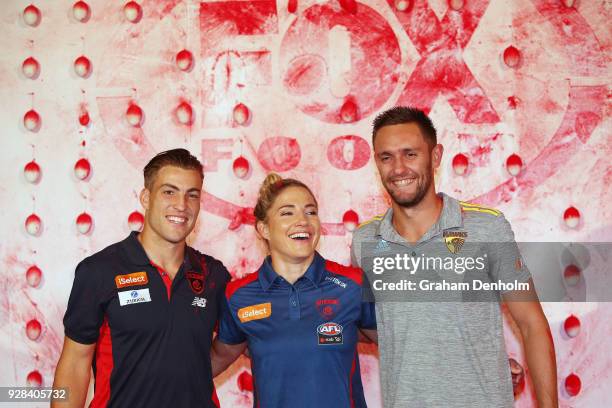 Jack Viney, Mel Hickey and Jack Gunston pose during the 2018 FOX FOOTY AFL Season Launch on March 7, 2018 in Melbourne, Australia.