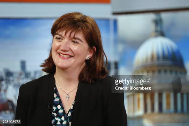 Nicky Morgan, U.K. Treasury committee chair and Conservative Party lawmaker, reacts during a Bloomberg Television interview in London, U.K., on...