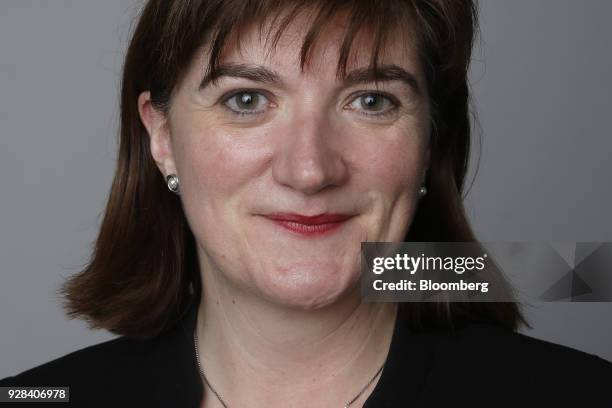 Nicky Morgan, U.K. Treasury committee chair and Conservative Party lawmaker, poses for a photograph following a Bloomberg Television interview in...