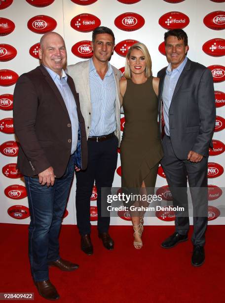 Jason Dunstall, Matthew Pavlich, Sarah Jones and Paul Roos pose during the 2018 FOX FOOTY AFL Season Launch on March 7, 2018 in Melbourne, Australia.