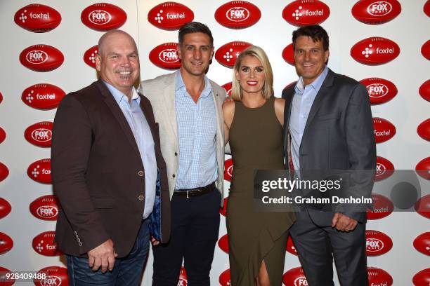 Jason Dunstall, Matthew Pavlich, Sarah Jones and Paul Roos pose during the 2018 FOX FOOTY AFL Season Launch on March 7, 2018 in Melbourne, Australia.