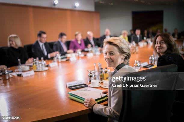 German Defense Minister Ursula von der Leyen is pictured before the weekly interim government cabinet meeting on March 07, 2018 in Berlin, Germany.