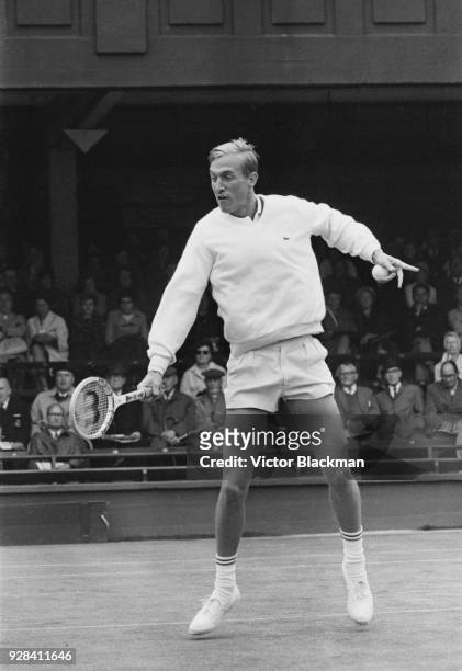 American tennis player Stan Smith in action at Wimbledon Championships, Men's Singles, held at the All England Lawn Tennis and Croquet Club in...