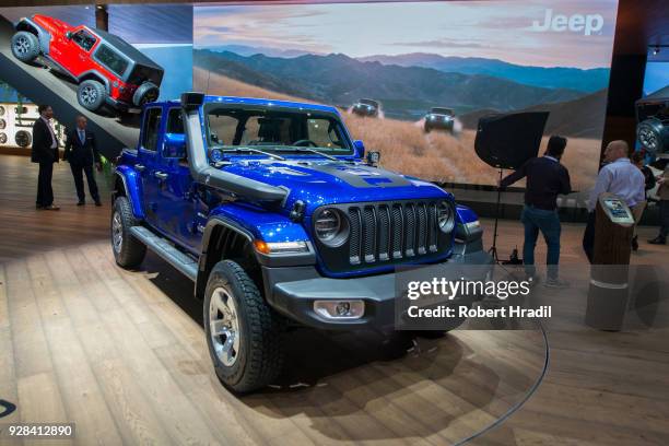 Jeep Wrangler is displayed at the 88th Geneva International Motor Show on March 7, 2018 in Geneva, Switzerland. Global automakers are converging on...