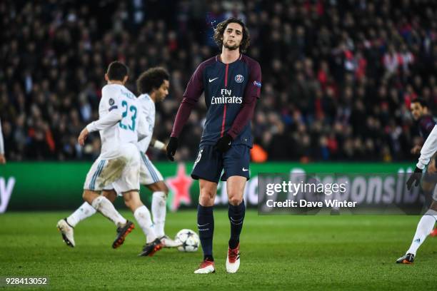 Adrien Rabiot of PSG looks dejected during the UEFA Champions League Round of 16 Second Leg match between Paris Saint Germain and Real Madrid at Parc...