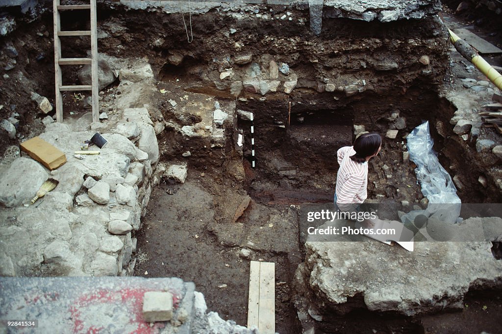 Person in archaeological dig site