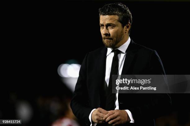 Slavisa Jokanovic, Manager of Fulham looks on during the Sky Bet Championship match between Fulham and Sheffield United at Craven Cottage on March 6,...