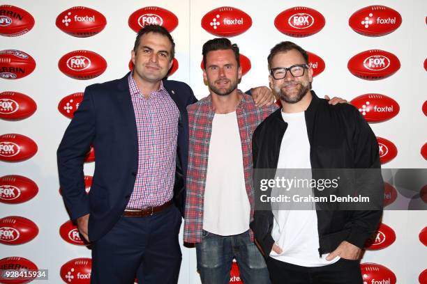 Brian Lake, Dave Thornton and Anthony "Lehmo" Lehmann pose during the 2018 FOX FOOTY AFL Season Launch on March 7, 2018 in Melbourne, Australia.