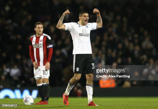 Aleksandar Mitrovic of Fulham celebratres after scoring his sides first goal during the Sky Bet Championship match between Fulham and Sheffield...