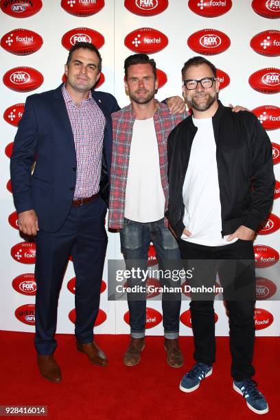 Brian Lake, Dave Thornton and Anthony "Lehmo" Lehmann pose during the 2018 FOX FOOTY AFL Season Launch on March 7, 2018 in Melbourne, Australia.