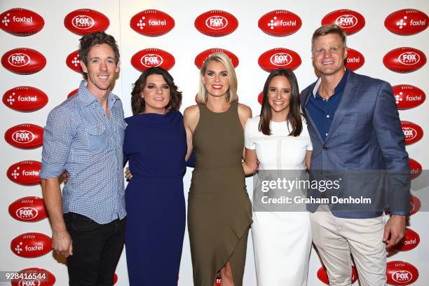 Bob Murphy, Kelli Underwood, Sarah Jones, Neroli Meadows and Nick Riewoldt pose during the 2018 FOX FOOTY AFL Season Launch on March 7, 2018 in...