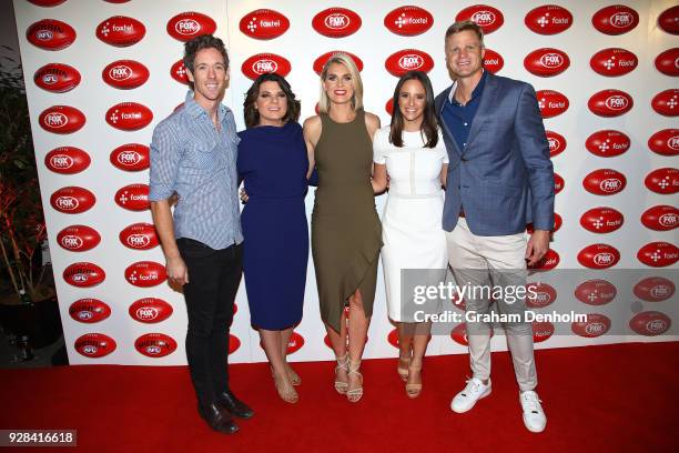 Bob Murphy, Kelli Underwood, Sarah Jones, Neroli Meadows and Nick Riewoldt pose during the 2018 FOX FOOTY AFL Season Launch on March 7, 2018 in...